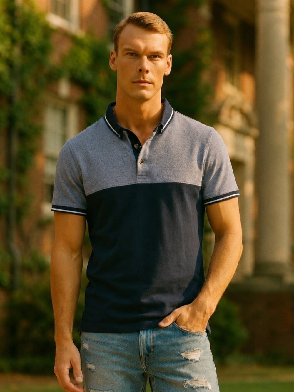 Denim & Flower Ricky Singh Mens L Polo Navy Grey Cotton Timeless Quiet Luxury